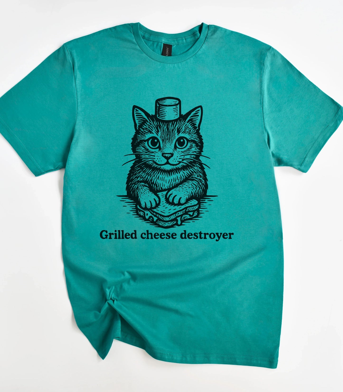 Funny cat graphic tee with grilled cheese destroyer text
