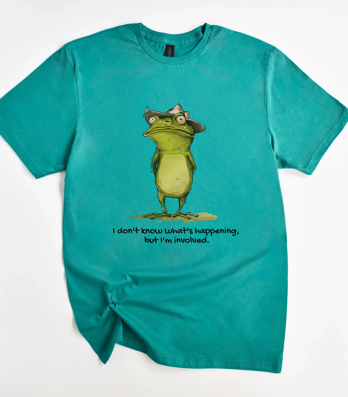 Funny frog graphic tee with hat and text on teal shirt