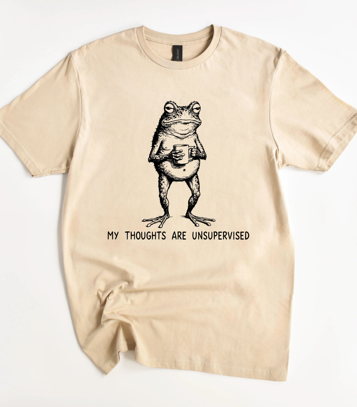 Funny frog graphic tee with 'My Thoughts Are Unsupervised' text