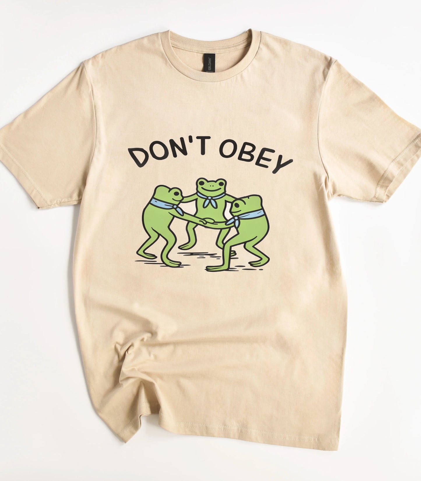 Funny frog graphic tee with 'DON'T OBEY' text on beige shirt