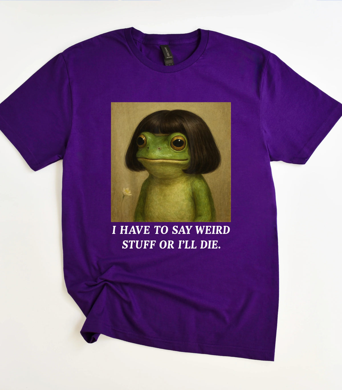 Funny frog graphic tee with bold text on purple shirt