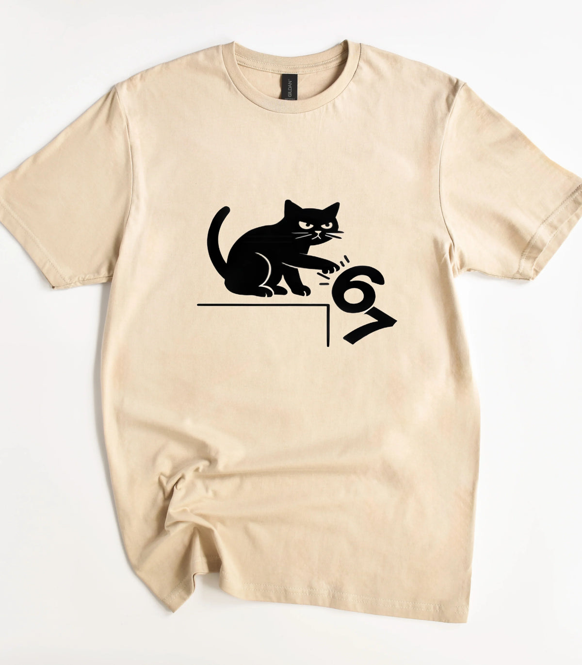 Funny cat graphic tee with black cat design on beige shirt