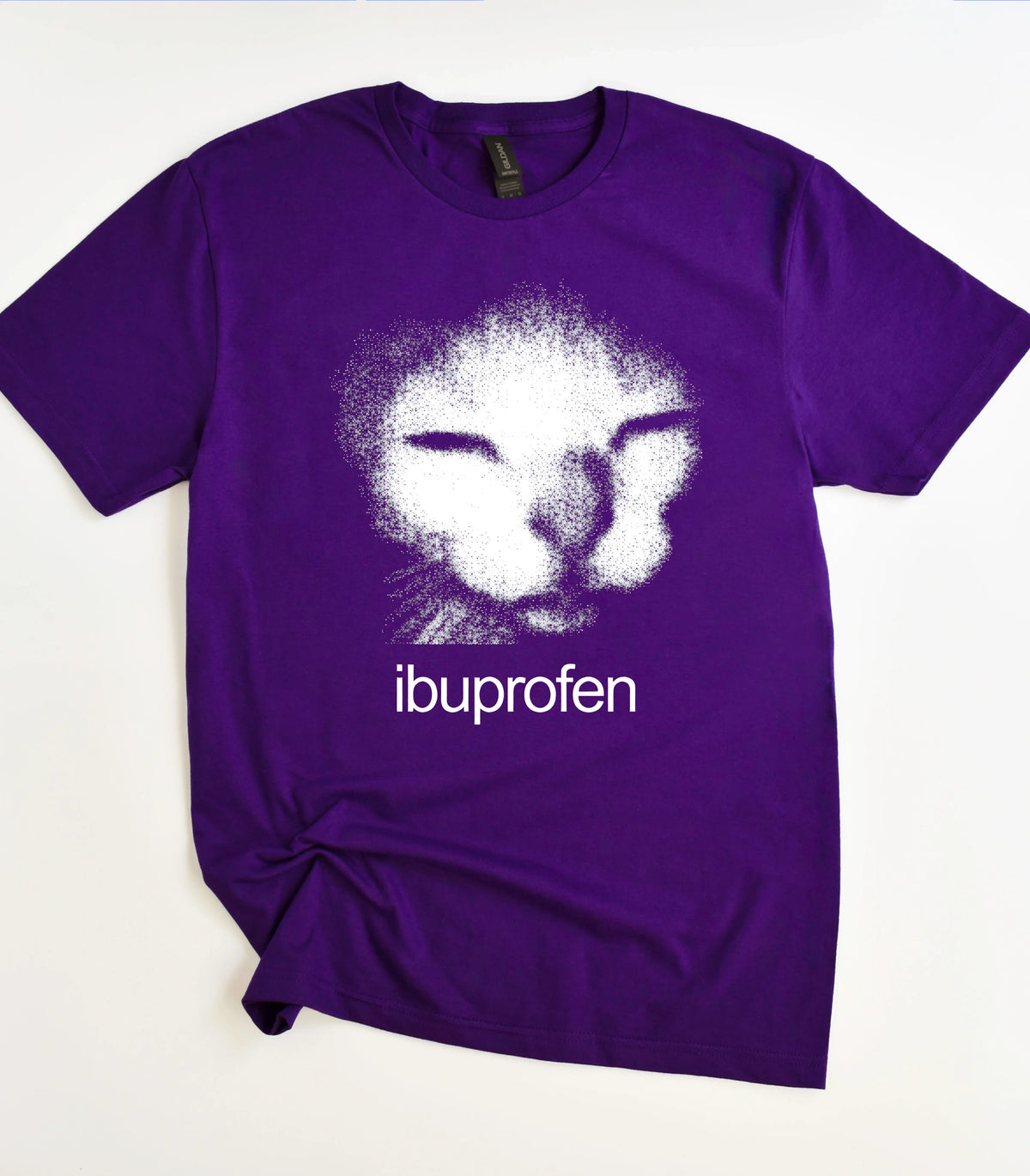 Funny cat graphic tee with 'ibuprofen' text on purple shirt