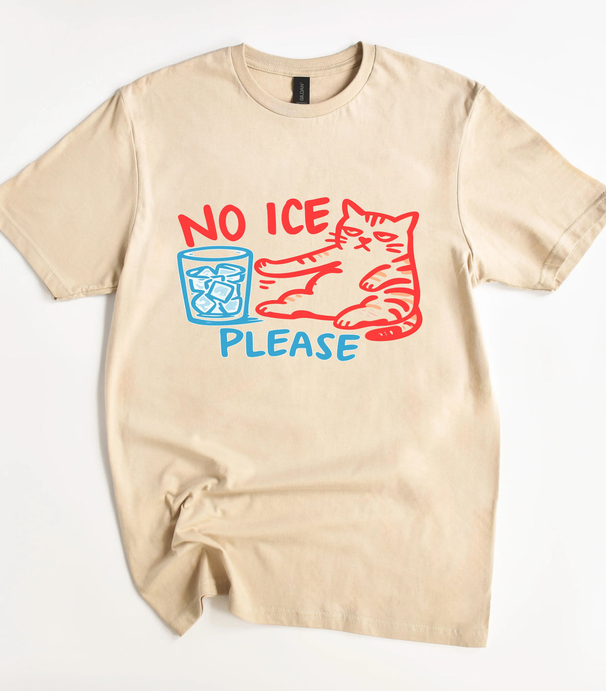 Funny cat graphic tee with 'NO ICE PLEASE' text and ice glass design