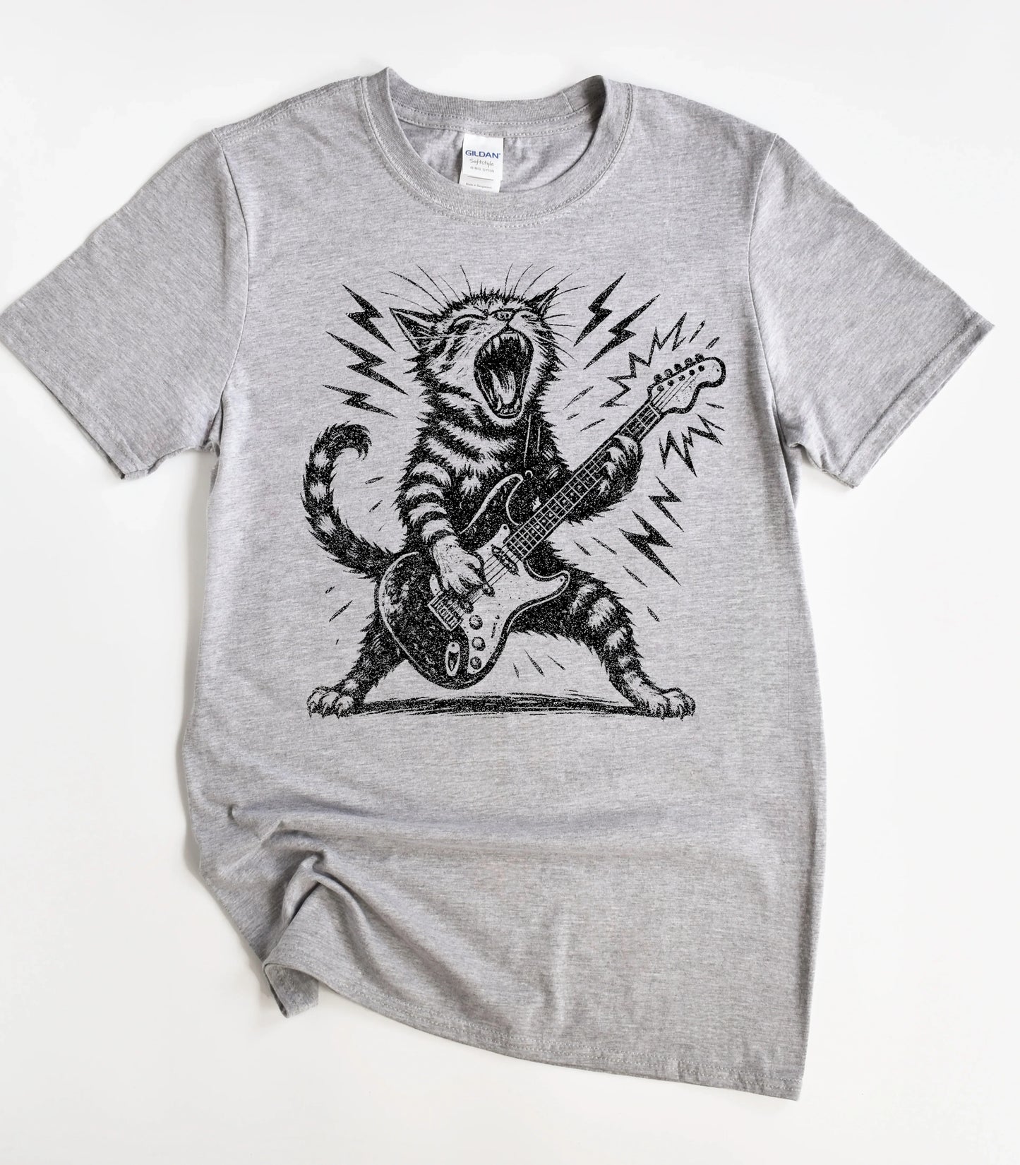 Funny cat graphic tee with rockstar cat playing guitar on gray t-shirt