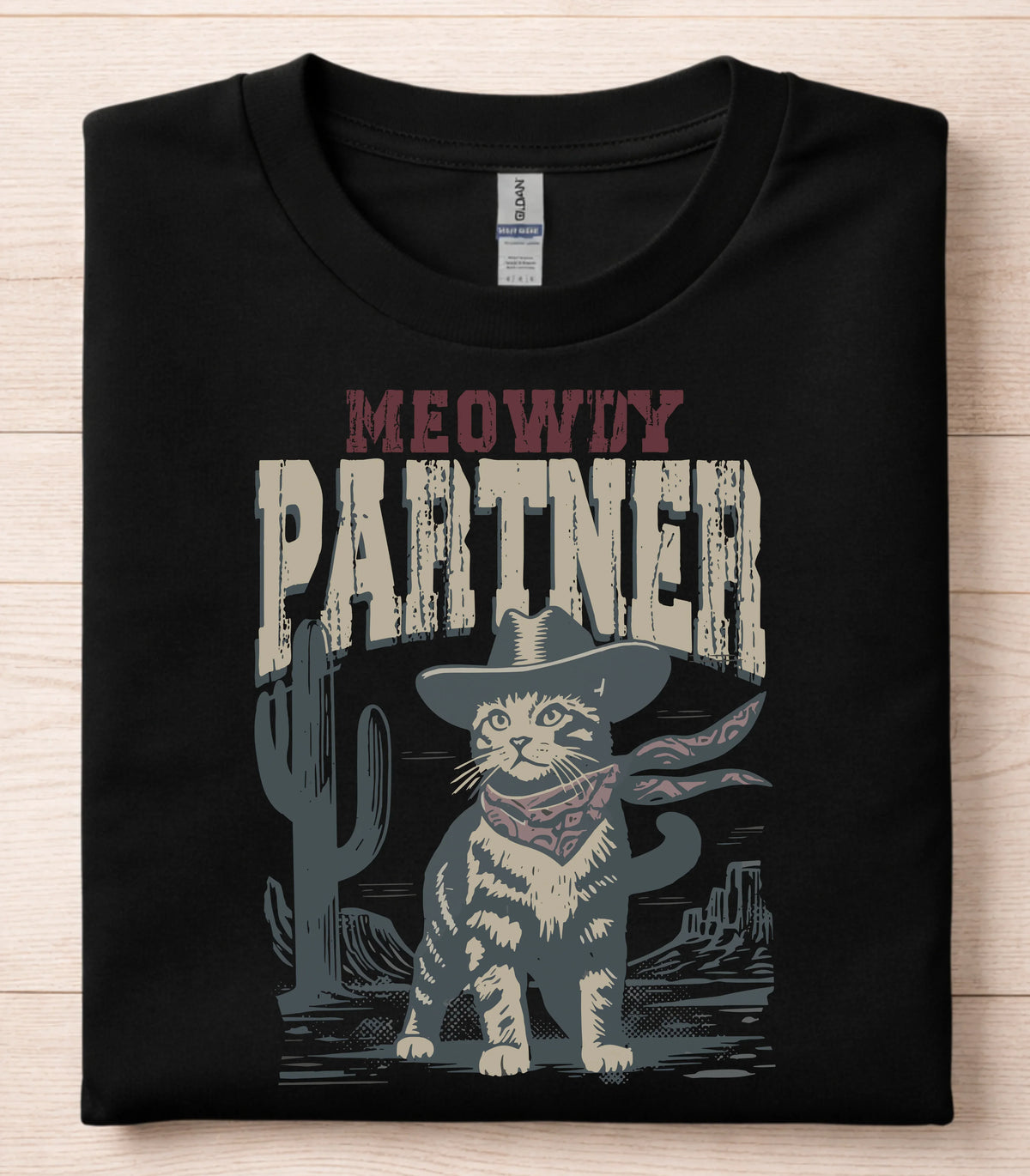 Meowy Partner cowboy cat graphic tee on black t-shirt