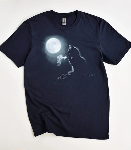 Smoking Cat Under Full Moon T-Shirt