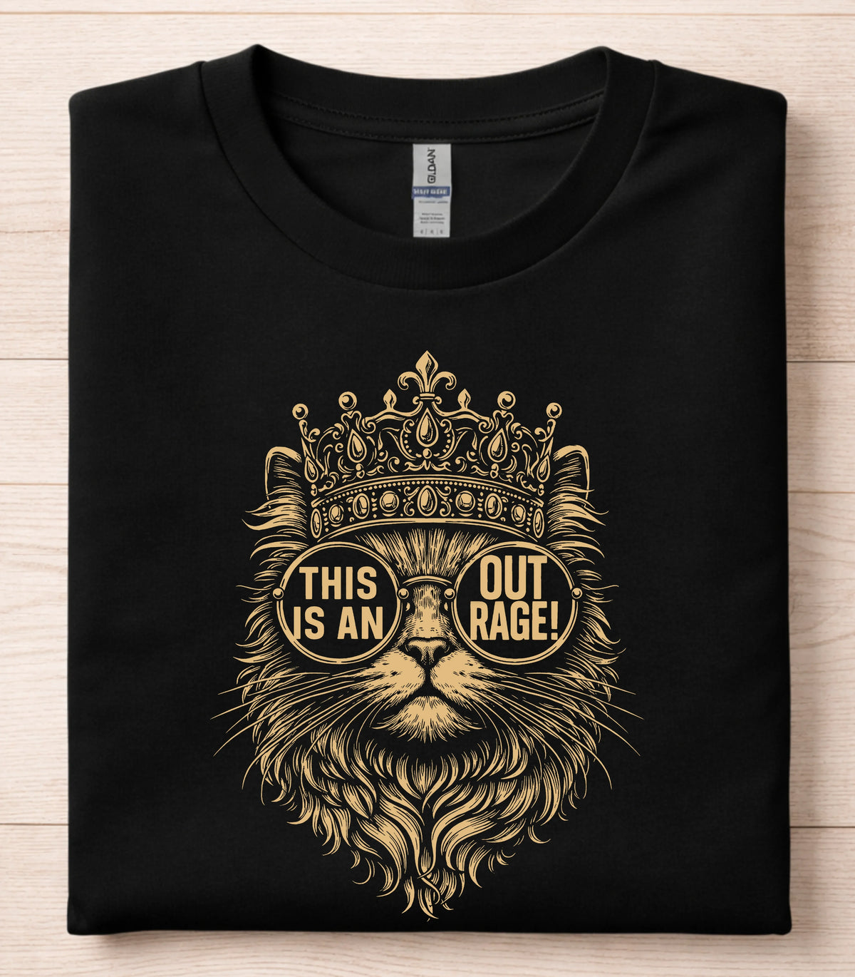 Funny cat graphic tee with crown and 'This is an Outrage!' text