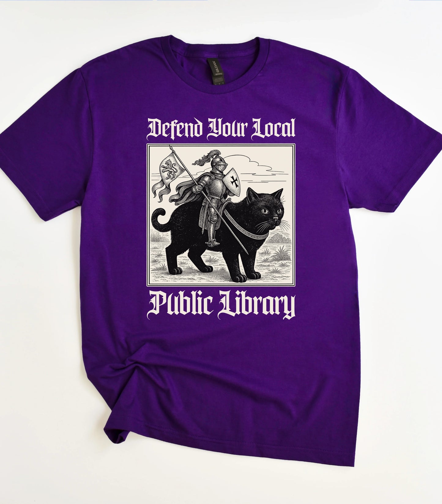 Funny cat graphic tee with knight riding cat, 'Defend Your Local Public Library' text