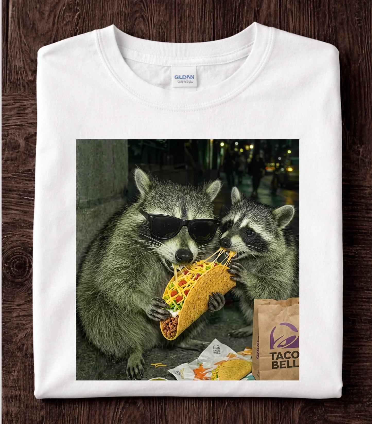 Funny raccoon graphic tee with sunglasses eating taco