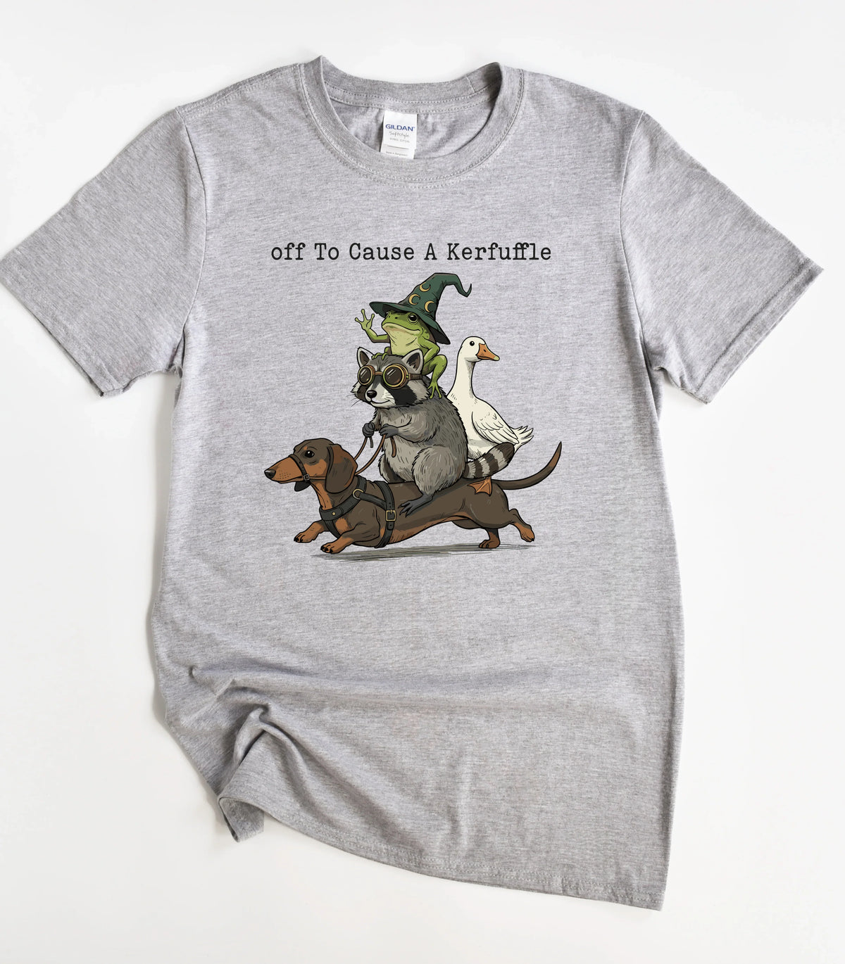 Funny animal shirt with raccoon, frog, and dachshund graphic design