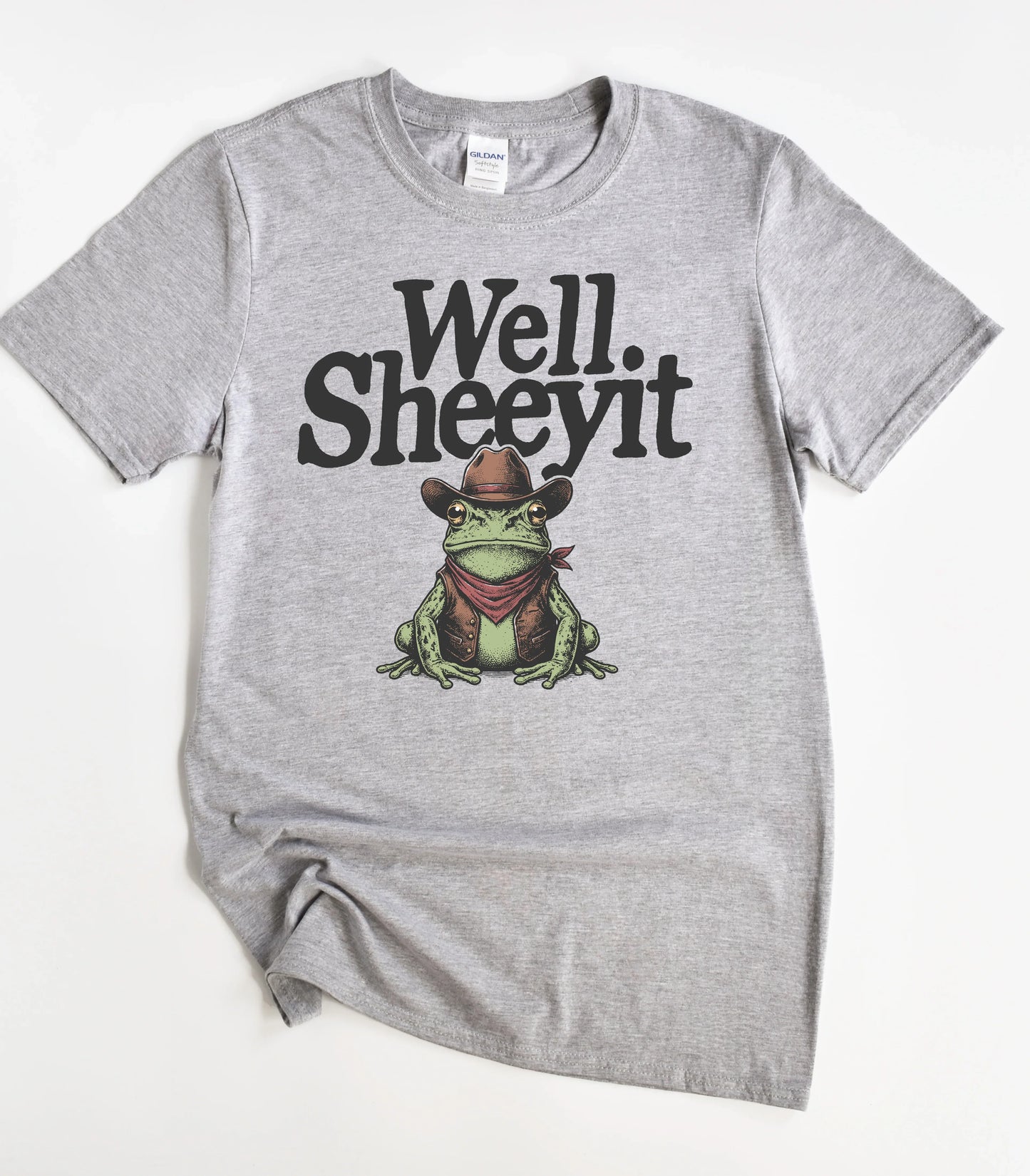 Funny frog graphic tee with cowboy hat and 'Well Sheeyit' text
