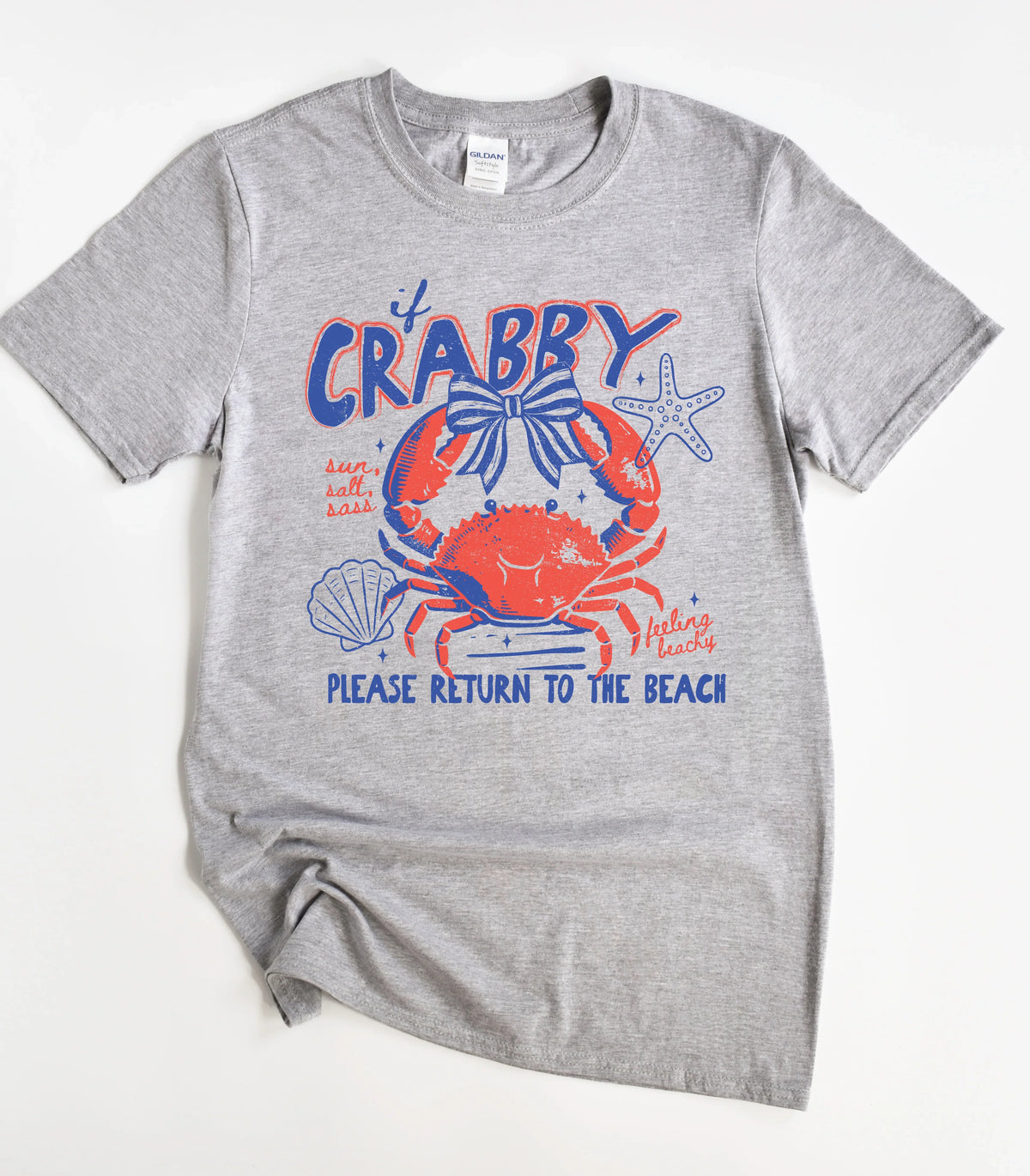 Funny crab graphic tee with 'if CRABBY please return to the beach' design