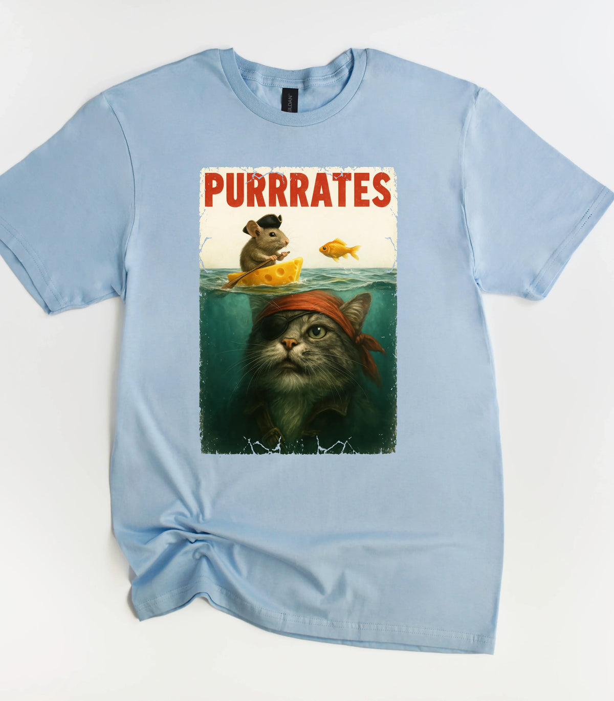 Purrrrates cat pirate graphic tee on light blue shirt