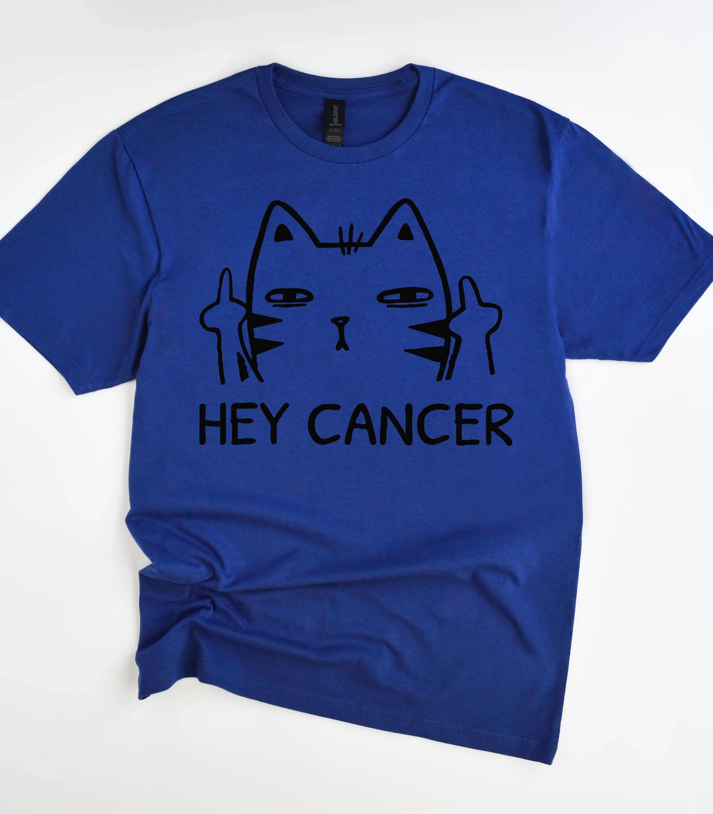 Funny cat graphic tee with 'HEY CANCER' text on blue shirt