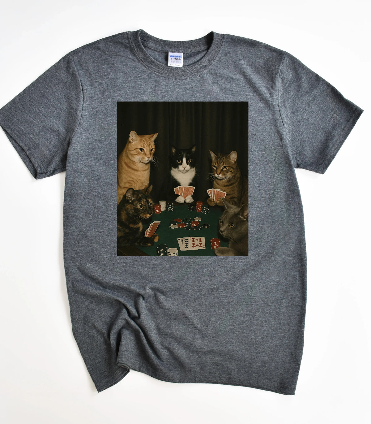 Funny cat graphic tee with cats playing poker on gray t-shirt