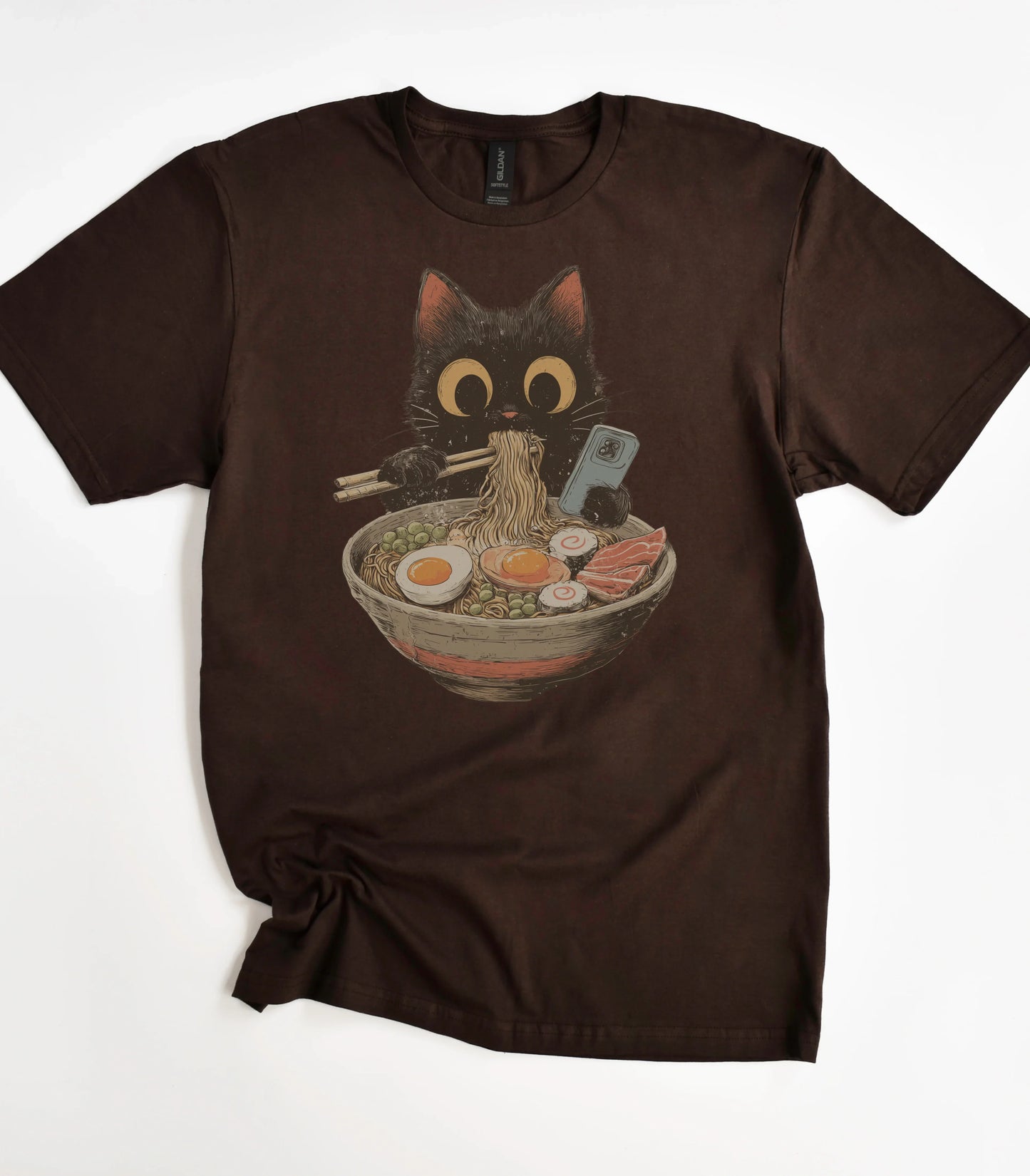 Funny cat graphic tee with ramen bowl design on brown t-shirt