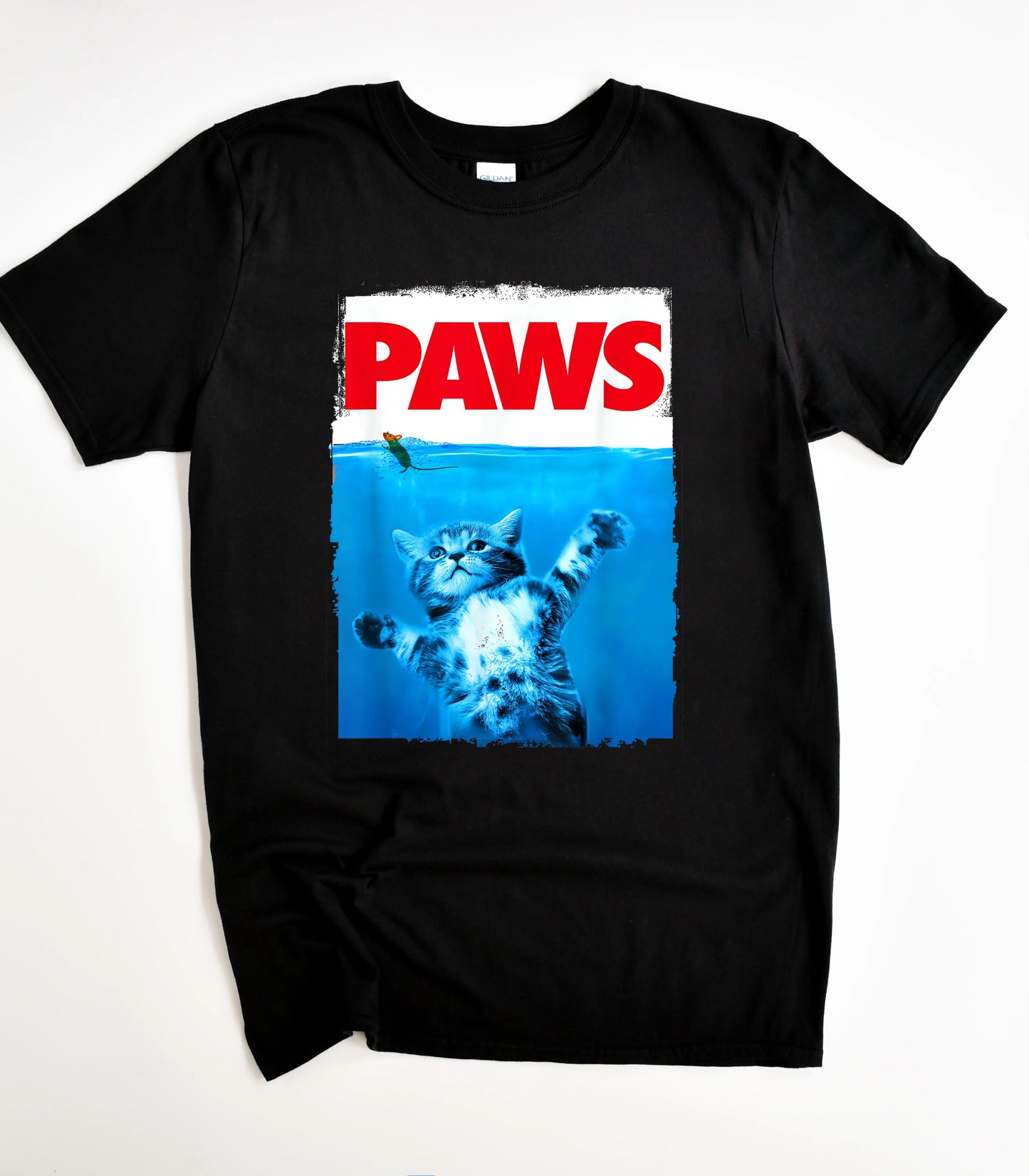 Funny cat graphic tee with 'PAWS' text and underwater kitten design