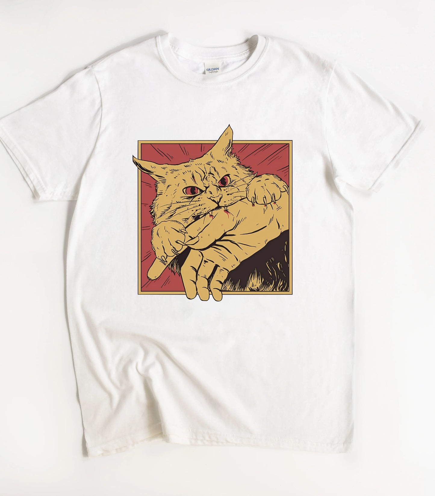 Feral cat graphic tee with angry cat design on white t-shirt