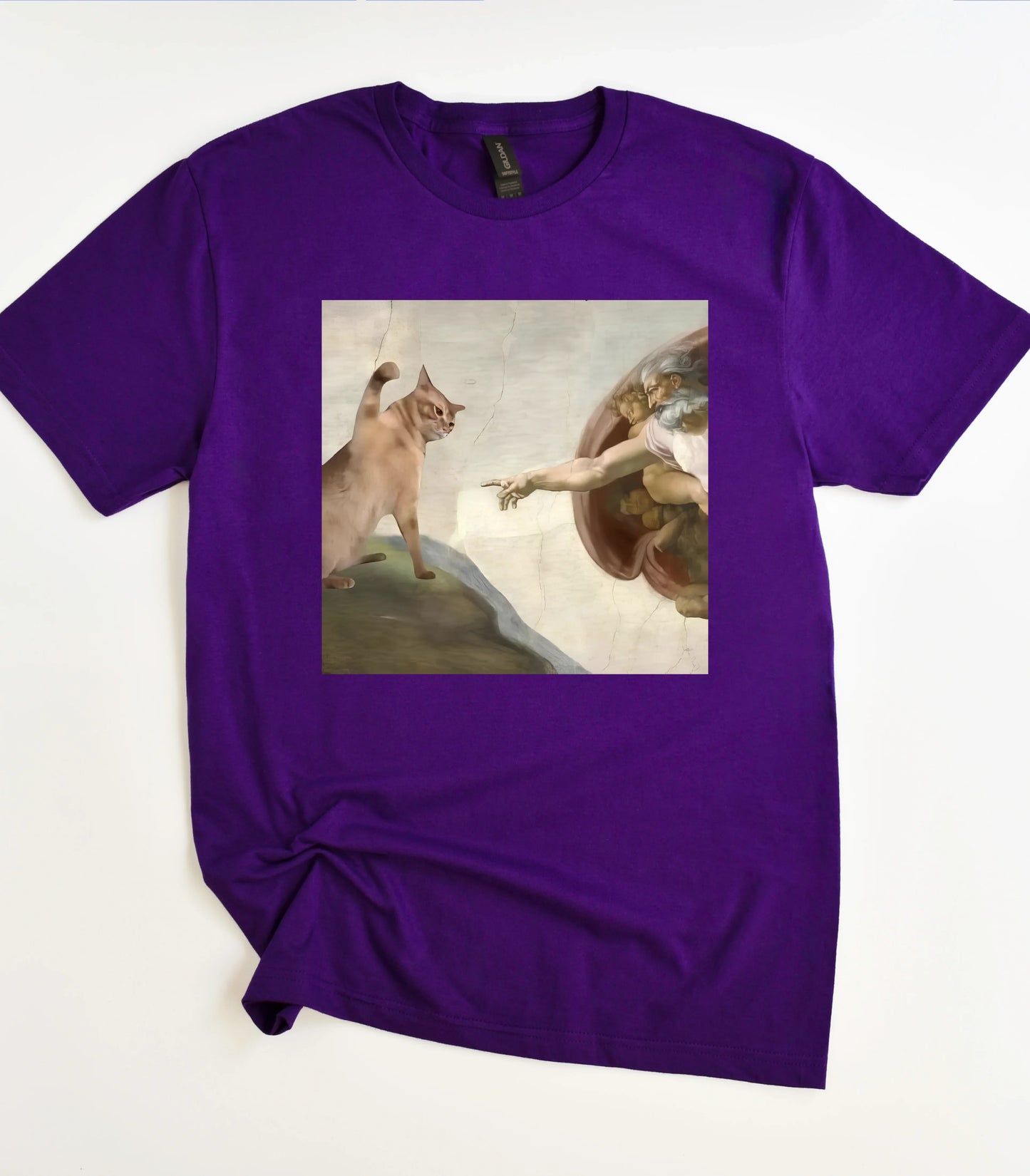 Purple t-shirt with cat graphic parodying Michelangelo's Creation of Adam