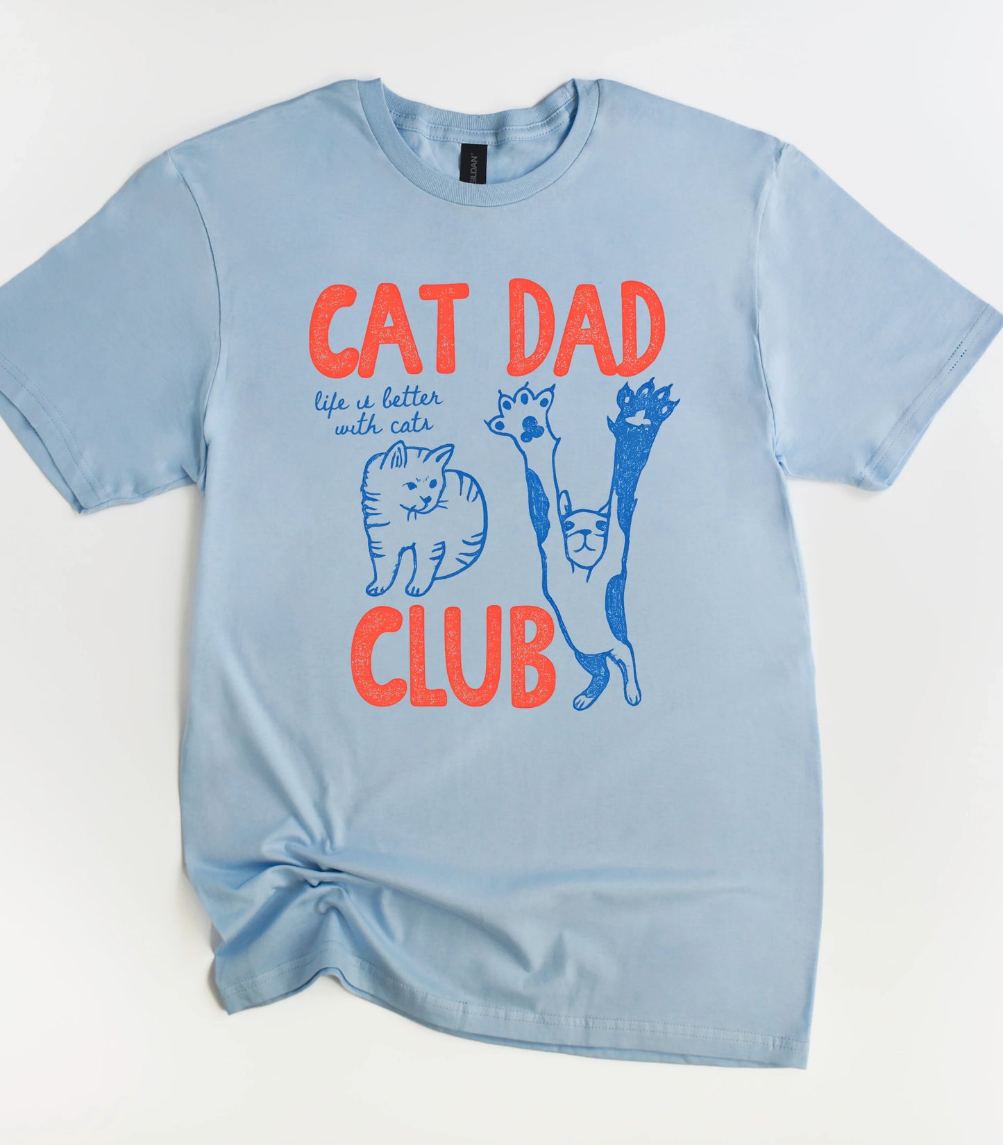 Cat Dad Club funny cat graphic tee on light blue shirt