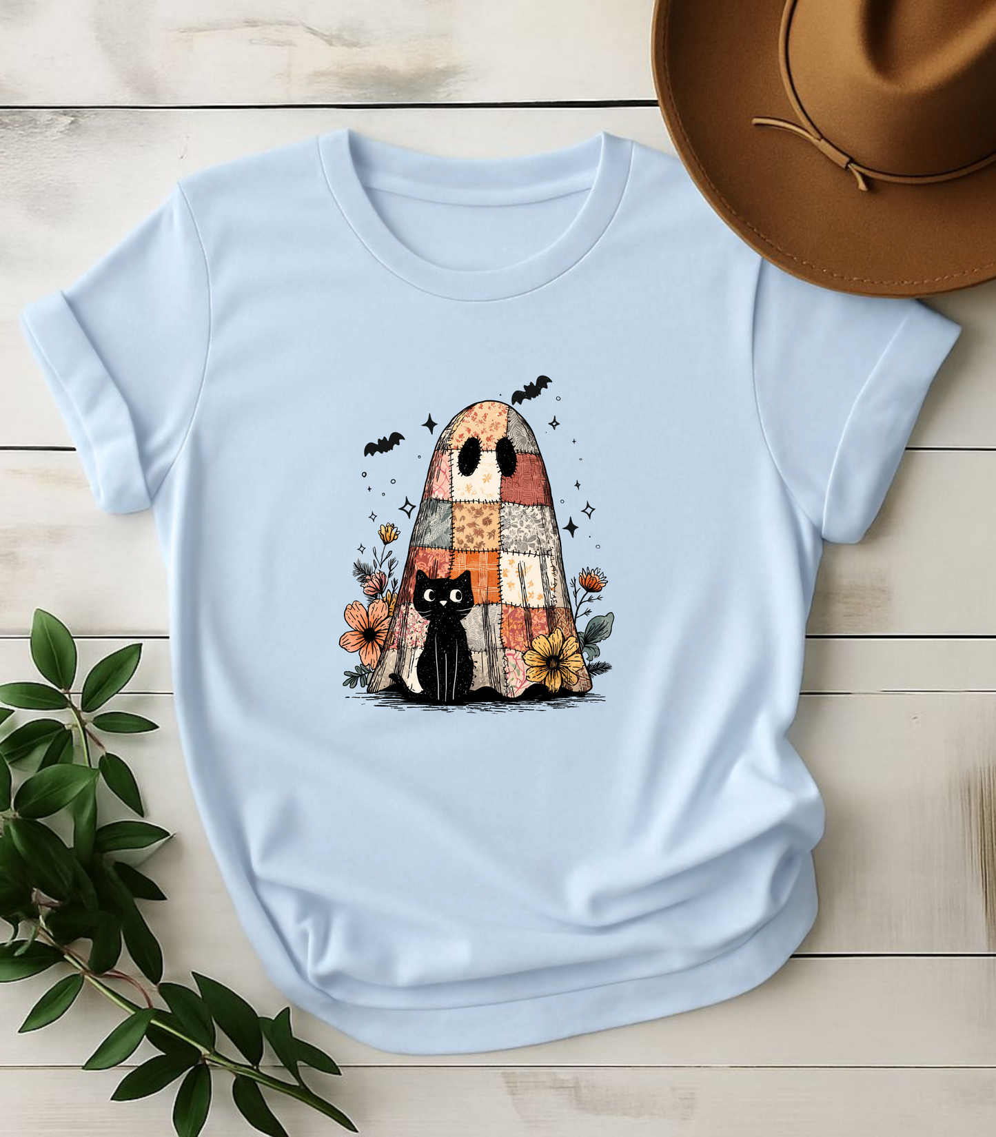 Halloween Black Cat And Cute Ghost T-Shirt