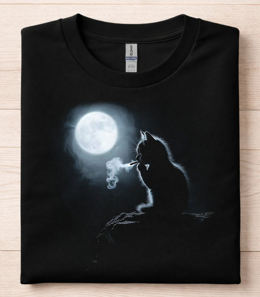 Smoking Cat Under Full Moon T-Shirt